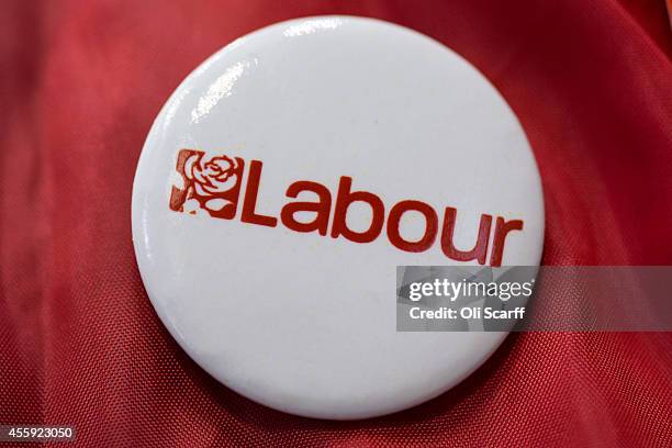 Close-up image of a pin badge bearing the logo for the Labour Party for sale at the Labour Party Conference on September 22, 2014 in Manchester,...