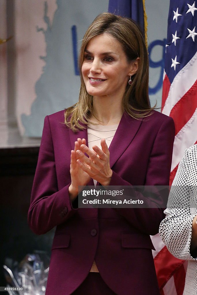 Queen Letizia Of Spain Visits The International Spanish Academies In New York City