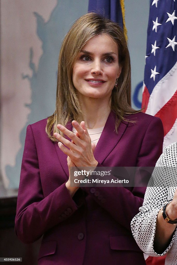 Queen Letizia Of Spain Visits The International Spanish Academies In New York City