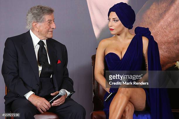 Artists Tony Bennett and Lady Gaga attend a press conference about the album "cheek to cheek" at City Hall on September 22, 2014 in Brussels, Belgium.