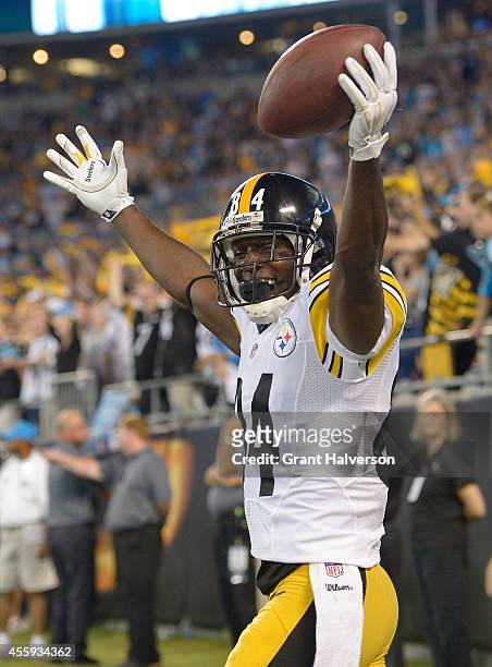 Antonio Brown of the Pittsburgh Steelers celebrates after scorig a touchdown against the Carolina Panthers during their game at Bank of America...