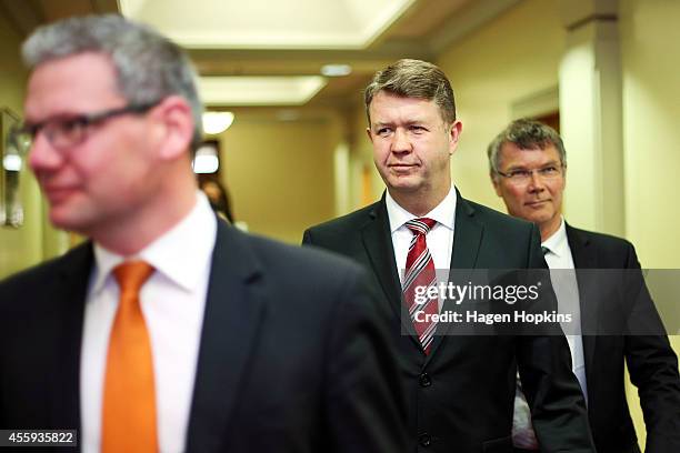 Labour Leader David Cunliffe arrives at a pre-caucus press conference flanked by MPs Iain Lees-Galloway and David Parker at the Labour Leaders...