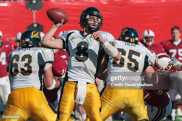 Quarterback Aaron Rodgers of the University of California Golden Bears attempts a pass during the Big Game vs the Stanford Cardinal on November 22,...