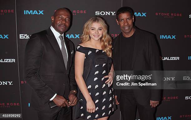 Director Antoine Fuqua, actors Chloe Grace Moretz and Denzel Washington attend "The Equalizer" New York Screening at AMC Lincoln Square Theater on...