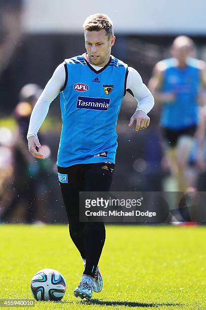 Sam Mitchell of the Hawks kicks a soccer ball during a Hawthorn Hawks AFL media session at Waverley Park on September 23, 2014 in Melbourne,...