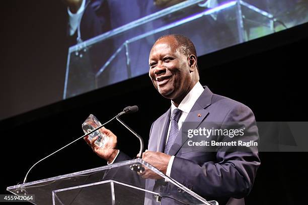 Ivory Coast President Alassane Ouattara speaks during the 30th Annual Awards Gala hosted by The Africa-America Institute at Gotham Hall on September...