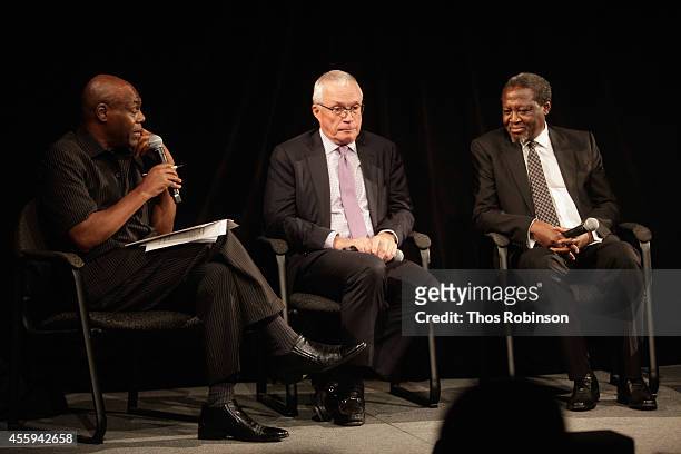 Journalist Shaka Ssali, Jay Ireland, of GE Africa and Professor Thandika Mkandawire speak during the 30th Annual Awards Gala hosted by The...