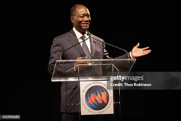 Ivory Coast President Alassane Ouattara speaks during the 30th Annual Awards Gala hosted by The Africa-America Institute at Gotham Hall on September...