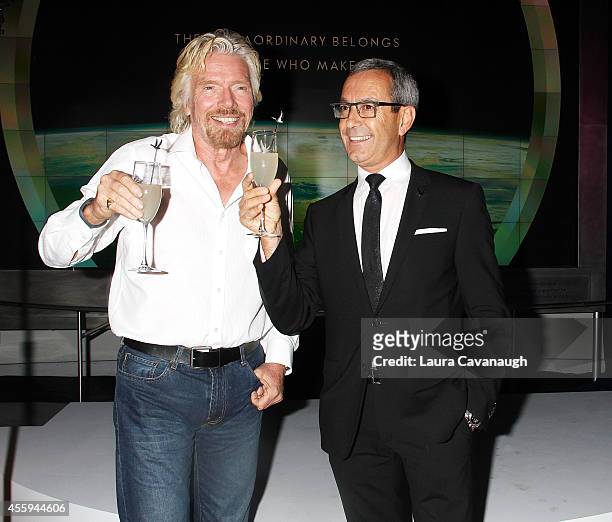 Sir Richard Branson and Francois Thibault attend the Global Launch Of Grey Goose Virgin Atlantic at the American Museum of Natural History on...