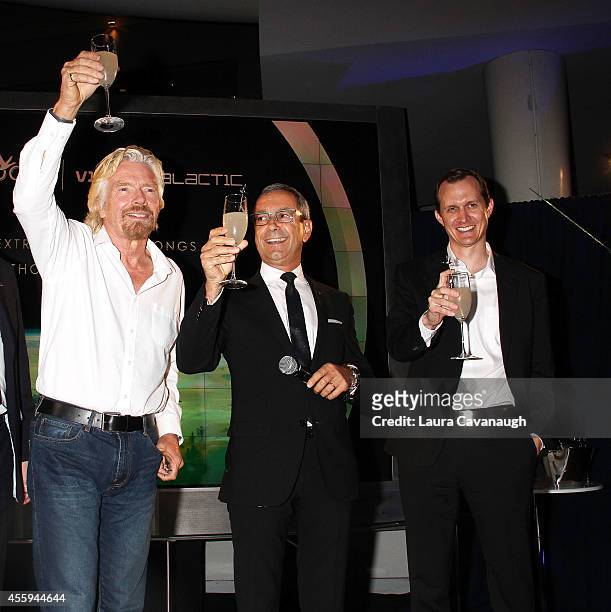 Sir Richard Branson, Francois Thibault and George Whitesides attend the Global Launch Of Grey Goose Virgin Atlantic at the American Museum of Natural...