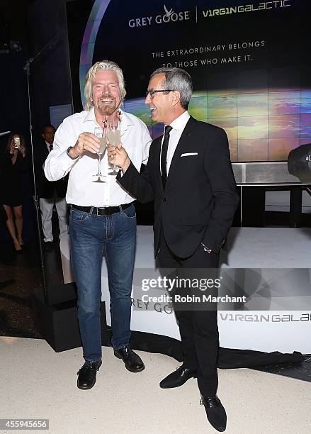 Sir Richard Branson and Grey Goose Maitre de Chai, Francois Thibault attend The Global Launch Of Grey Goose Virgin Atlantic at American Museum of...