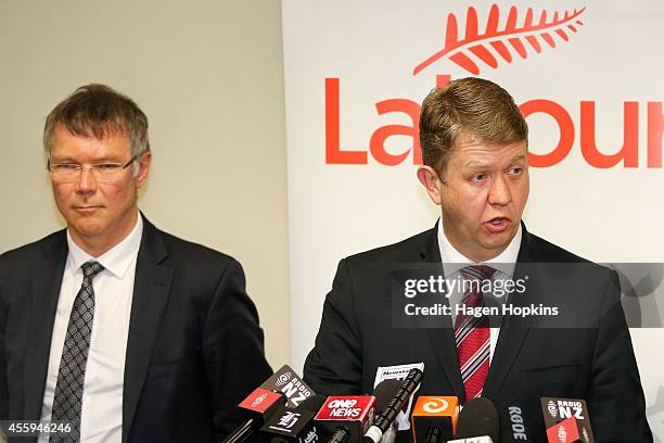 Labour Leader David Cunliffe speaks to the media while deputy leader David Parker looks on at a pre-caucus press conference at the Labour Leaders...