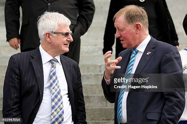 National MPs Tim Groser and Dr Nick Smith speak during the National Party team photo at Parliament House on September 23, 2014 in Wellington, New...