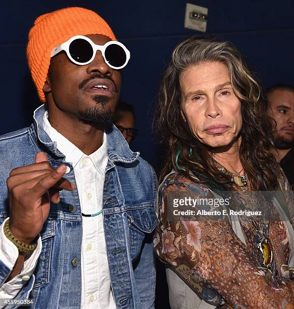 Actor Andre Benjamin and singer Steven Tyler arrive to the Los Angeles premiere of "Jimi: All Is By My Side" at ArcLight Cinemas on September 22,...
