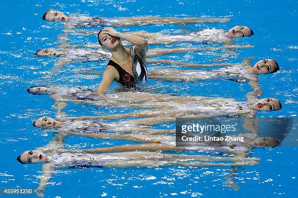 Team of China perform during the team synchronised swimming Free Combination - Final on day four of 2014 Asian Games at Munhak Park Tae-hwan Aquatics...