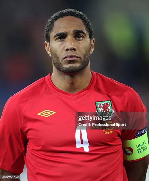 Wales captain Ashley Williams during the EURO 2012 Group G Qualifier between Wales and Bulgaria at Cardiff City Stadium on October 8, 2010 in...