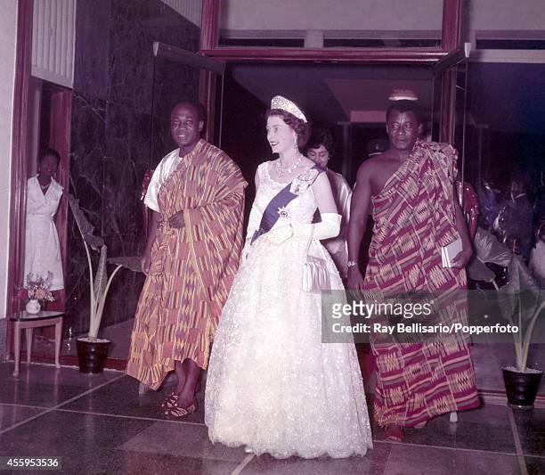Queen Elizabeth II arrives with President Kwame Nkrumah of Ghana for a State Dinner at the Ambassador Hotel in Accra on 10th November 1961.