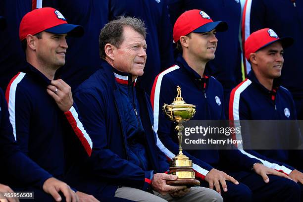 Zach Johnson, Tom Watson, Captain of the United States, Jordan Spieth and Rickie Fowler pose during the USA team photocall ahead of the 2014 Ryder...