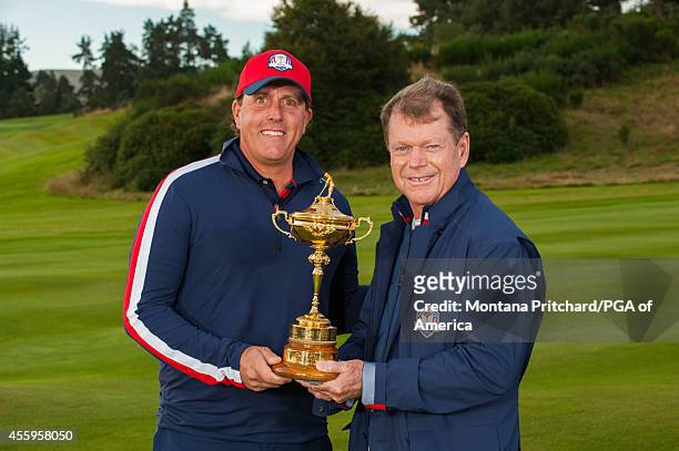 Ryder Cup Team member Phil Mickelson and USA Team Captain Tom Watson pose for a photo for the 40th Ryder Cup at Gleneagles, on September 23, 2014 in...