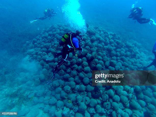 Divers inspect the 1000 years old amphora stack during their diving session in the Aegean Sea near the Maden Island of Balikesir, Turkey on September...