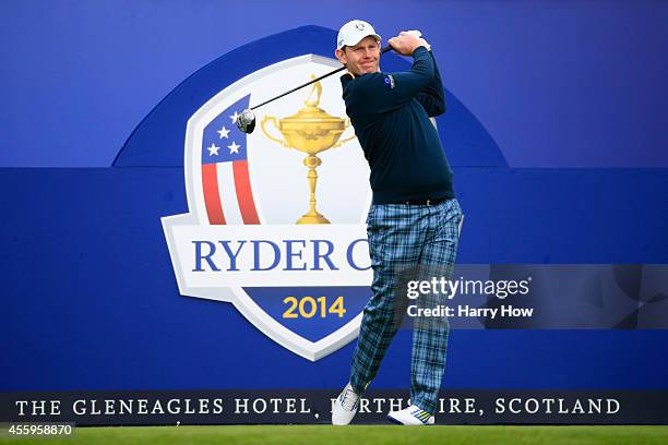 Stephen Gallacher of Europe tees off during practice ahead of the 2014 Ryder Cup on the PGA Centenary course at the Gleneagles Hotel on September 23,...