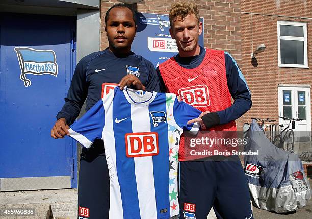 Ronny and Fabian Lustenberger of Hertha BSC present a special designed jersey on occasion of the world biggest school competition JUGEND TTRAINIERT...