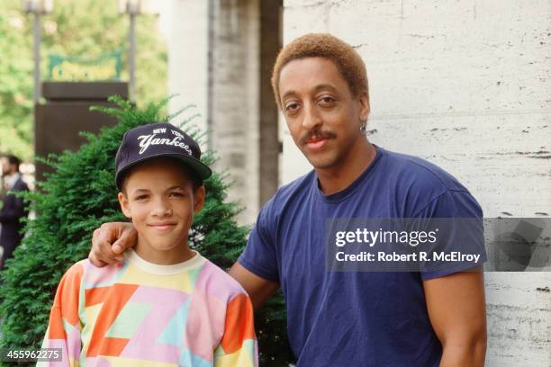 Portrait of American dancer, dance instructor, and actor Gregory Hines with his student, dancer Savion Glover, New York, New York, 1988.