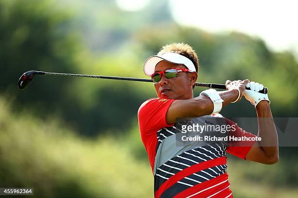 Thongchai Jaidee of Thailand in action during the final round of the ISPS Handa Wales Open at the Celtic Manor Resort on September 21, 2014 in...