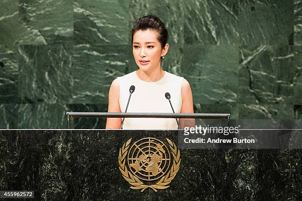 Actress and UN Environment Programme Goodwill Ambassador Li Bingbing speaks at the United Nations Climate Summit on September 23, 2014 in New York...