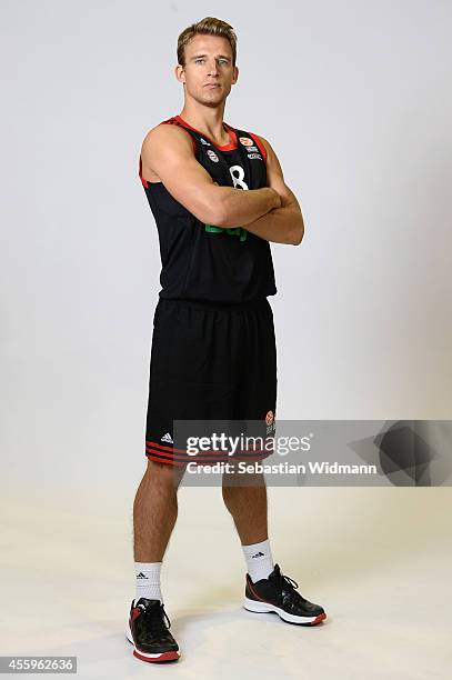 Heiko Schaffartzik, #8 of FC Bayern Munich poses during the FC Bayern Munich 2014/2015 Turkish Airlines Euroleague Basketball Media Day at Audi Dome...