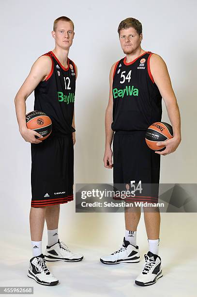 Left Robin Benzing, #12 of FC Bayern Munich, John Bryant, #54 of FC Bayern Munichposes during the FC Bayern Munich 2014/2015 Turkish Airlines...