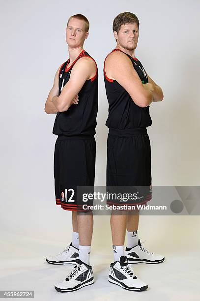 Left Robin Benzing, #12 of FC Bayern Munich, John Bryant, #54 of FC Bayern Munichposes during the FC Bayern Munich 2014/2015 Turkish Airlines...