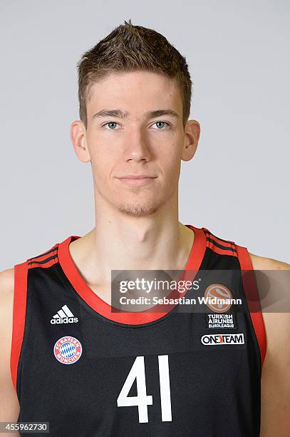 Daniel Mayr, #41 of FC Bayern Munich poses during the FC Bayern Munich 2014/2015 Turkish Airlines Euroleague Basketball Media Day at Audi Dome on...