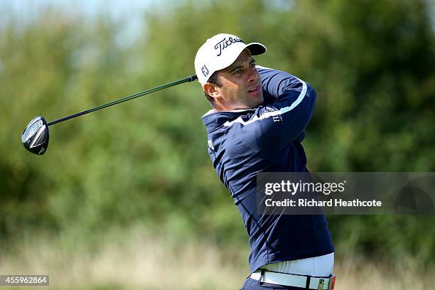 Ricardo Santos of Portugal in action during the final round of the ISPS Handa Wales Open at the Celtic Manor Resort on September 21, 2014 in Newport,...