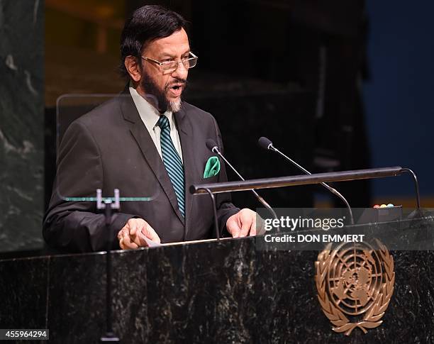 Rajendra Pachauri speaks at the opening of the United Nations Climate Summit 2014 September 23, 2014 at the United Nations in New York. AFP PHOTO/Don...