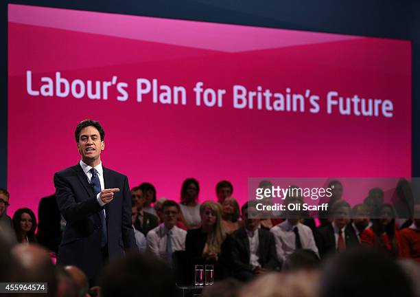 Ed Miliband, the Leader of the Labour Party, delivers his keynote speech to delegates in the main conference hall on day three of the Labour Party...