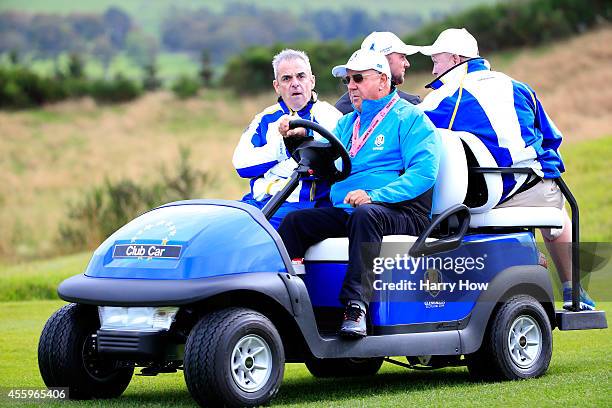 Europe team captain Paul McGinley is driven to the 9th tee during practice ahead of the 2014 Ryder Cup on the PGA Centenary course at the Gleneagles...