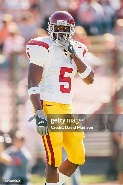 Reggie Bush of the USC Trojans warms up before a PAC-10 NCAA football game against the Stanford Cardinal played on September 25, 2004 at Stanford...