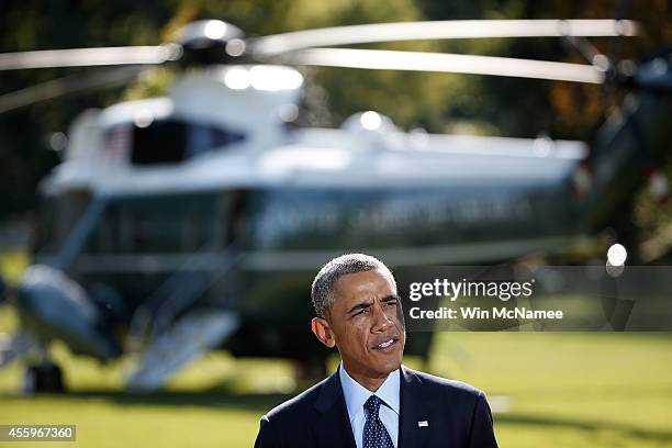 President Barack Obama makes a statement on recent U.S. And allied airstrikes against the Islamic State in Syria from the White House South Lawn...