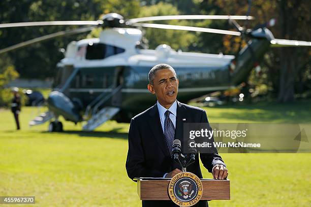 President Barack Obama makes a statement on recent U.S. And allied airstrikes against the Islamic State in Syria from the White House South Lawn...