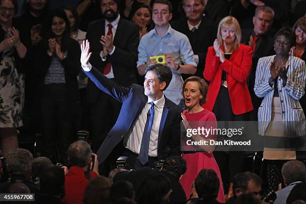 Ed Miliband, the Leader of the Labour Party, is greeted by his wife Justine after delivering his keynote speech to delegates in the main conference...