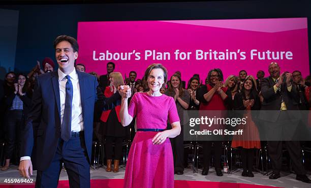 Ed Miliband, the Leader of the Labour Party, jokes with his wife Justine Thornton after delivering his keynote speech to delegates in the main...