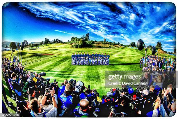 Rory McIlroy, Victor Dubuisson, Lee Westwood, Martin Kaymer, Stephen Gallacher, Justin Rose, Europe team captain Paul McGinley, Henrik Stenson,...