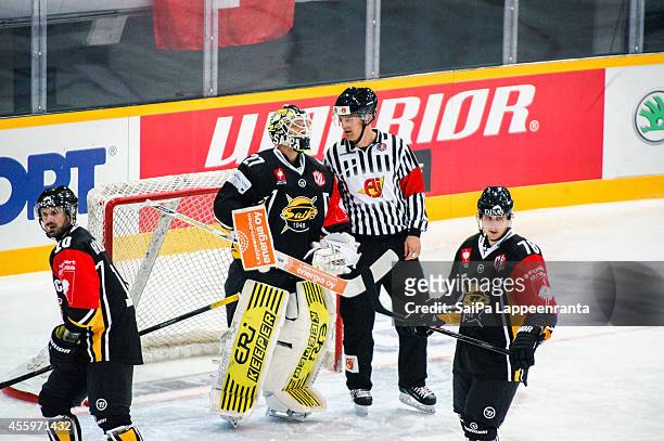 Jussi Markkanen of SaiPa reacts during the Champions Hockey League group stage game between SaiPa Lappeenranta and EV Zug on September 23, 2014 in...