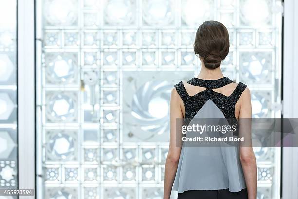 Model walks the runway during the Christine Phung show as part of the Paris Fashion Week Womenswear Spring/Summer 2015 on September 23, 2014 at...