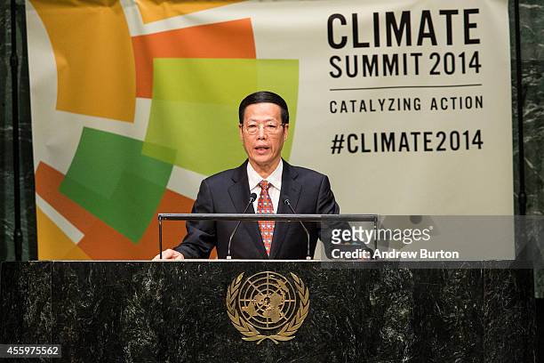 Chinese Vice Premier Zhang Gaoli speaks at the United Nations Climate Summit on September 23, 2014 in New York City. The summit, which is meeting one...