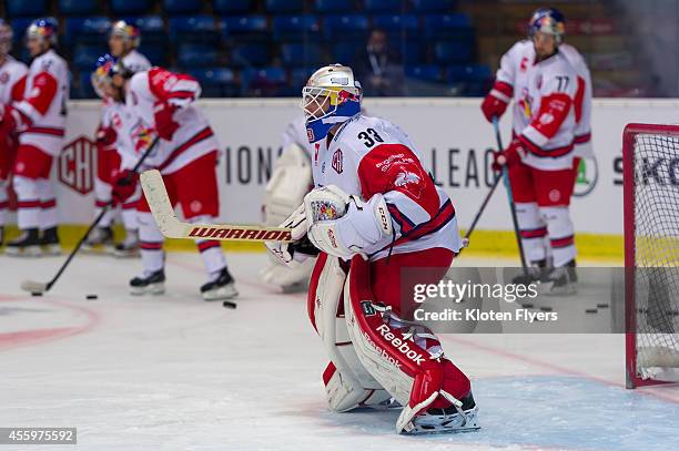 Luka Grancnar from Red Bull Salzburg warms-up ahead of the Champions Hockey League group stage game between Kloten Flyers and Red Bull Salzburg on...