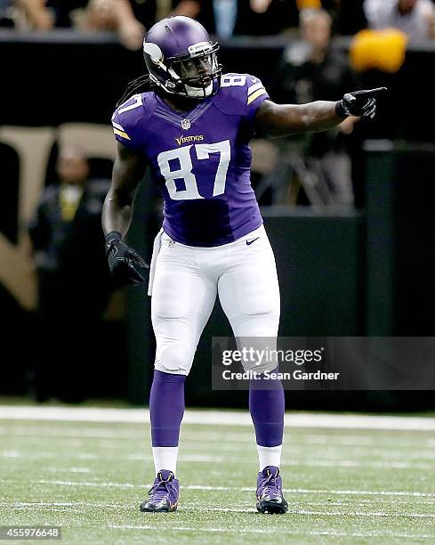 MarQueis Gray of the Minnesota Vikings looks on as his team takes on the New Orleans Saints at the Mercedes-Benz Superdome on September 21, 2014 in...