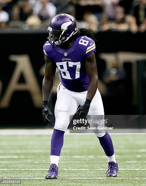 MarQueis Gray of the Minnesota Vikings looks on as his team takes on the New Orleans Saints at the Mercedes-Benz Superdome on September 21, 2014 in...