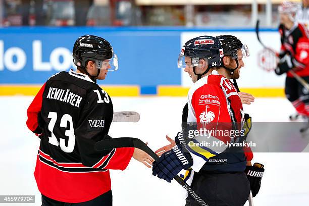 Valtteri Kemilainen of JYP shakes hands after the game during the Champions Hockey League group stage game between JYP Jyvaskyla and HV71 Jonkoping...